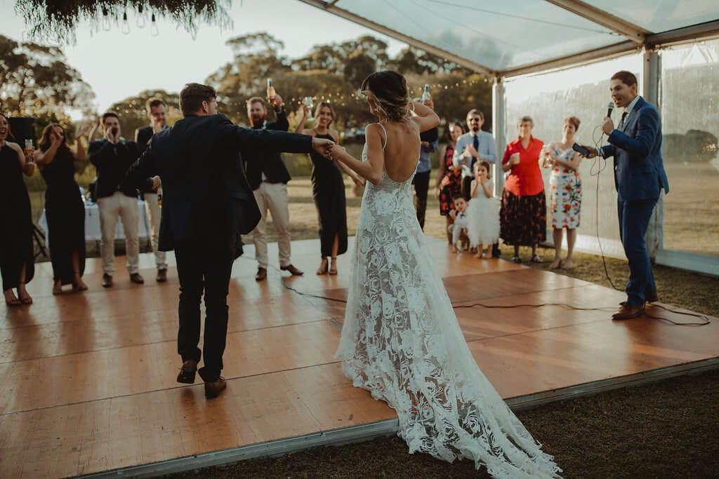 Bride wearing Grace Loves Lace Rosa Gown dancing with groom